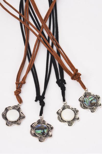 Necklace Leather Feel Abalone Shell / 12 pcs = Dozen  Necklace Adjustable , 3 of each Color Asst , Hang Tag & OPP Bag & UPC Code