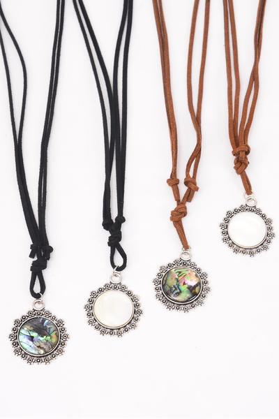 Necklace Leather Feel Abalone Shell / 12 pcs = Dozen  Necklace Adjustable , 3 of each Color Asst , Hang Tag & OPP Bag & UPC Code