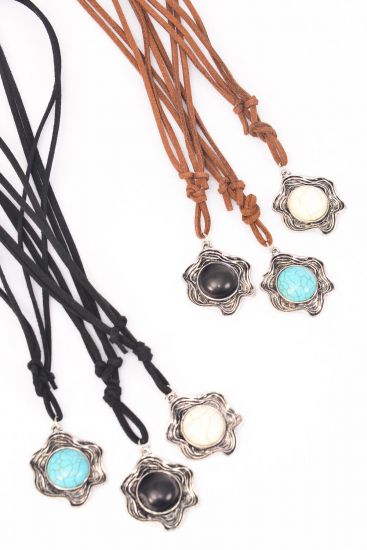 Necklace Leather Feel Round Pendant Semiprecious Pendant Semiprecious Stone / 12 pcs = Dozen Necklace Adjustable , 2 of each Color Asst , Hang Tag & OPP Bag & UPC Code