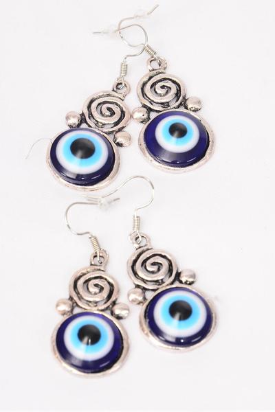 Earrings Metal Antique Blue Venetian Glass Hamsa Evil Eye Spiral Good luck and Protection/DZ **Fish Hook** Size-1.25"x 0.75" Wide,Earring Card & OPP Bag & UPC Code