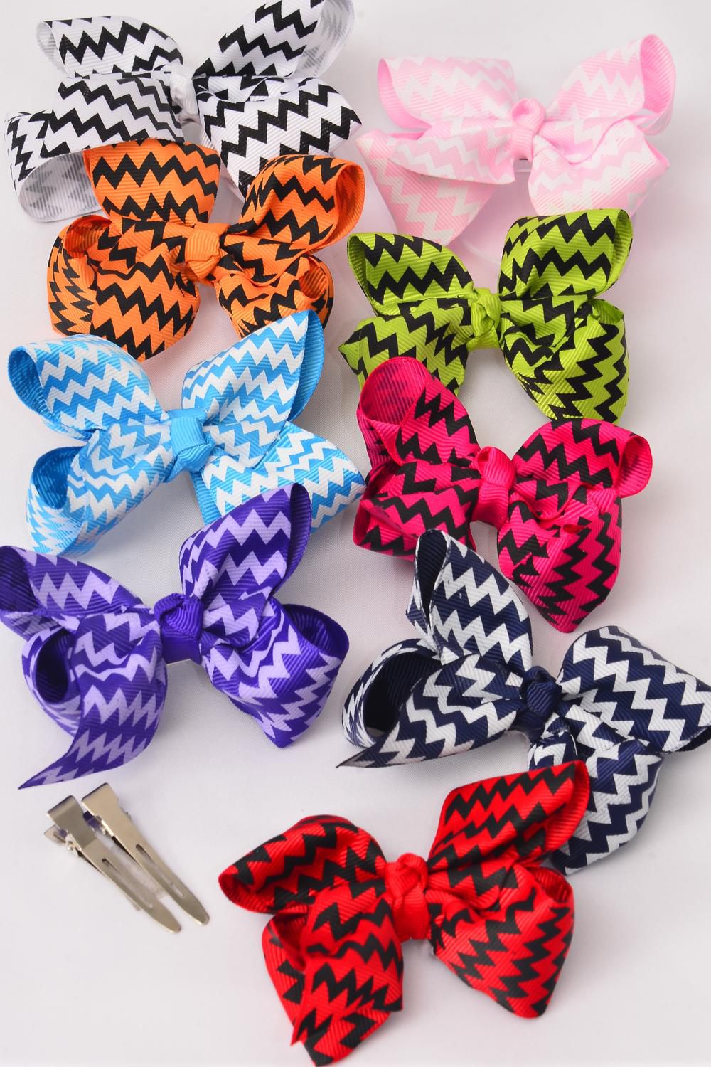 Hair Bow Large Chevron Alligator Clip Grosgrain Fabric Bowtie/DZ