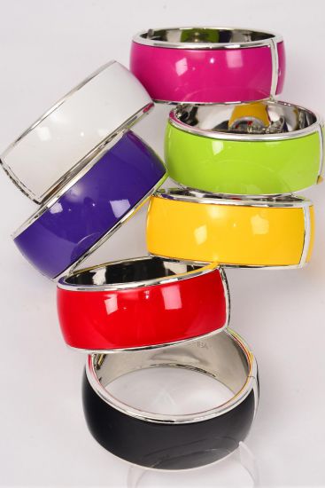 Bracelet Bangle Acrylic Hinge Enamel Silver Trim Multi / 12 pcs = Dozen Multi , Hinge , Size - 2.75" x 1.25" Dia Wide , 2 Black , 2 Red , 2 White , 2 Fuchsia , 2 Yellow , 1 Lime , 1 Purple Color Mix.