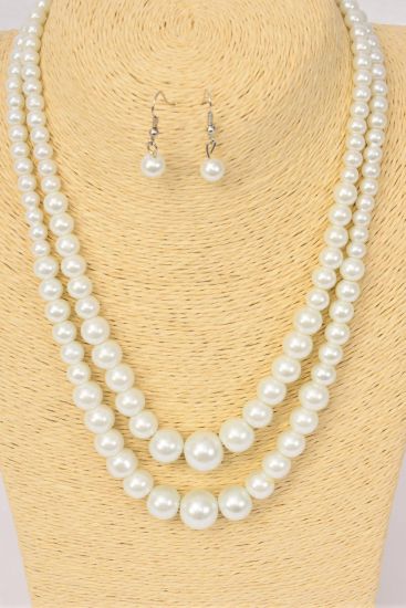 Necklace Sets Graduated From 8 to 14 mm Glass Pearls White / 12 pcs = Dozen White , Size - 20" , Hang Tag & Opp Bag & UPC Code