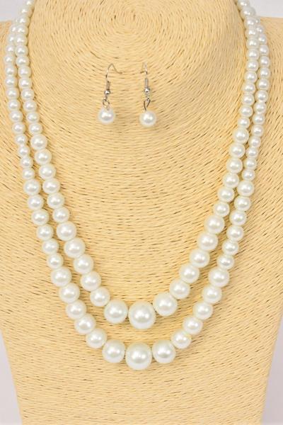 Necklace Sets Graduated From 8 to 14 mm Glass Pearls White / 12 pcs = Dozen White , Size - 20" , Hang Tag & Opp Bag & UPC Code