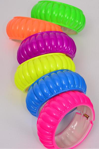 Bracelet Bangle Hinge Acrylic Ridged Caribbean Neon Color Asst / 12 pcs = Dozen Hinge , Size-2.75"x 1.25" Dia Wide , 2 of each Color Asst , Hang Tag & Opp bag & UPC Code -