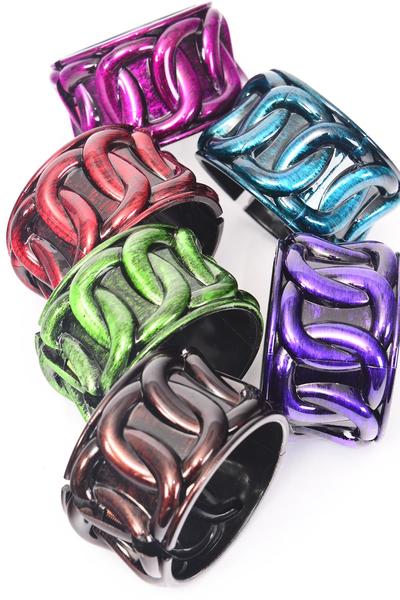 Bracelet Bangle Acrylic Wide Hinge Chain Pattern Fall Brush Stroke Dark Multi / 12 pcs = Dozen Dark Multi , Size - 2.75" x 2" Dia Wide , 2 of each Color Asst , Hang Tag & OPP bag & UPC Code 