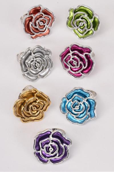 Ring Poly Rose Metallic Silver Trim Multi / 12 pcs = Dozen Adjustable , Rose Size - 1.25" Wide , 2 Gold , 2 Silver , 2 Fuchsia , 2 Blue , 2 Purple , 1 Lime , 1 Orange Color Asst