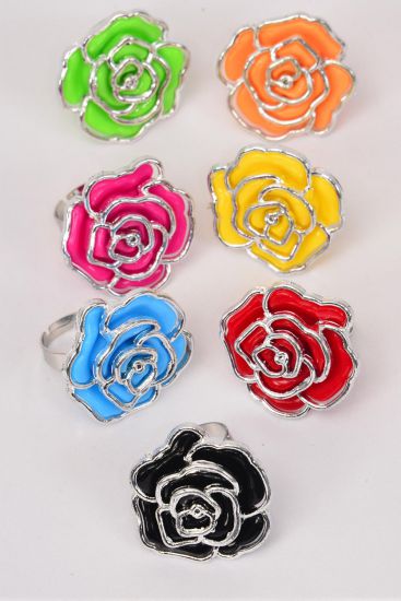Rings Poly Rose Silver Trim Adjustable / 12 pcs = Dozen Adjustable ,  Flower Size -1.5" Wide , 2 Red , 2 Black , 2 Yellow , 2 Fuchsia , 2 Lime , 1 Blue , 1 Orange Color Asst