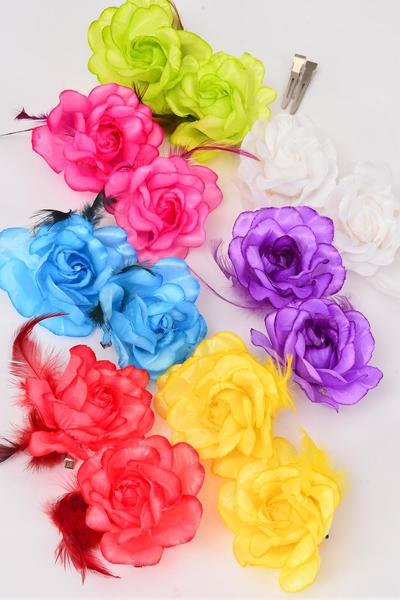 Flowers 24 pcs Rose w Feather Mix Citrus / 24 pcs Flower = Dozen  Alligator Clip , Flower Size - 2.75" Wide , 2 Fuchsia , 2 Purple , 2 White , 2 Yellow , 1 Red , 1 Blue , 1 Orange , 1 Lime Color Asst