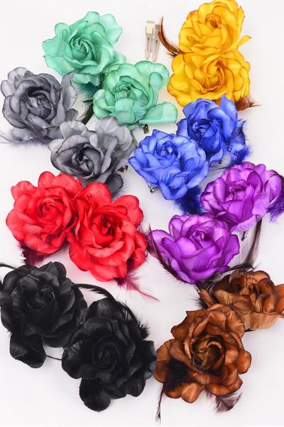 Flowers 24 pcs Rose Feather Mix Dark Multi / 24 pcs Flower = Dozen  Alligator Clip , Size - 2.75" Wide , 2 Brown , 2 Purple , 2 Red , 2 Gold , 1 Blue , 1 Black ,1 Gray , 1 Green Color Asst