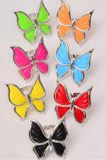 Rings Poly Butterfly Silver Trim Multi / 12 pcs = Dozen Adjustable , Butterfly Size - 1.25" x 1.25" Wide , 2 Red , 2 Black , 2 Fuchsia , 2 Yellow ,2 Blue , 1 Lime , 1 Orange Color Asst.
