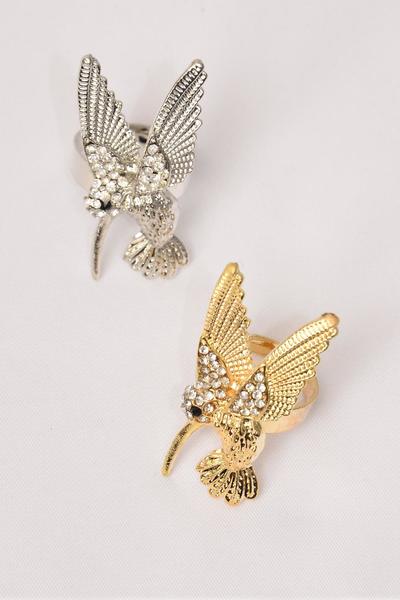 Rings Hummingbird Gold Silver Mix Rhinestones / 12 pcs = Dozen Adjustable , Size - 1.5" x 0.75" Wide , 6 Gold & 6 Silver Color Mix , 1 DZ Velvet Display Box & OPP bag & UPC Code 