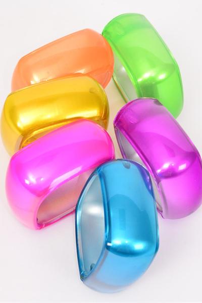 Bracelet Bangle Acrylic Hinge Cat-eye Hinge Square Silky Multi / 12 pcs = Dozen Multi , Hinge , Size - 2.75" x 1.75" Dia Wide , 2 Fuchsia , 2 Yellow , 2 Blue , 2 Purple , 2 Lime Green , 2 Orange Mix , Hang tag & OPP bag & UPC Code