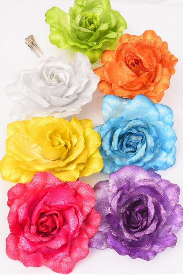 Flower Silk Flower Tea Rose Jumbo Metallic Multi / 12 pcs Flower = Dozen Multi , Size - 6" Wide , Alligator Clip & Brooch , 2 Fuchsia , 2 Blue , 2 Silver , 2 Gold , 1 Orange , 1 Lime , 1 Red , 1 Purple Color Asst