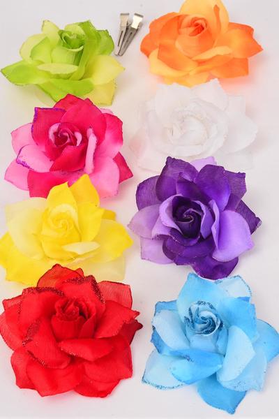 Flower Silk Flower 2 tone Rose Glitter Trim Multi / 12 pcs Flower = Dozen  Multi , Size - 4.5" Wide , Alligator Clip & Brooch , 2 Fuchsia , 2 Blue , 2 Yellow , 2 White , 1 Red , 1 Purple , 1 Orange , 1 Lime Color Asst