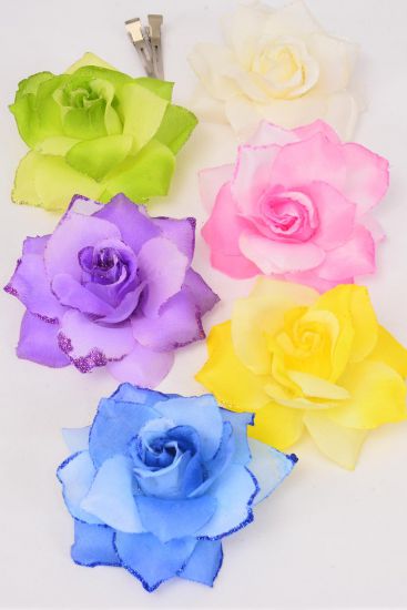 Flower Silk Flower 2 Tone Rose Glitter Trim Pastel / 12 pcs Flower = Dozen  Pastel , Size - 4.5" Wide , Alligator Clip & Brooch , 2 of each Color Asst , Display Card & UPC Code,Clear Box
