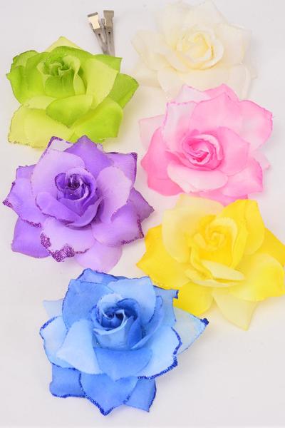 Flower Silk Flower 2 Tone Rose Glitter Trim Pastel / 12 pcs Flower = Dozen  Pastel , Size - 4.5" Wide , Alligator Clip & Brooch , 2 of each Color Asst , Display Card & UPC Code,Clear Box