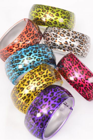 Bracelet Bangle Acrylic Hinge Cat-eye Leopard Print / 12 pcs = Dozen Multi , Size - 2.75" 1.75" Dia Wide , 2 Silver , 2 Gold , 2 Blue , 2 Fuchsia , 2 Purple , 1 Red ,1 Lime Color Mix , Hang Tag & Opp Bag & UPC Code
