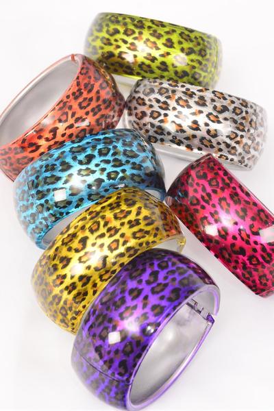Bracelet Bangle Acrylic Hinge Cat-eye Leopard Print / 12 pcs = Dozen Multi , Size - 2.75" 1.75" Dia Wide , 2 Silver , 2 Gold , 2 Blue , 2 Fuchsia , 2 Purple , 1 Red ,1 Lime Color Mix , Hang Tag & Opp Bag & UPC Code