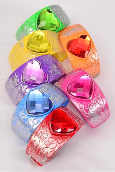 Bracelet Bangles Acrylic Hinge Heart Brush Stroke Multi / 12 pcs = Dozen Hinge , Size - 2.75" x 1.5'', 2 Red , 2 Yellow , 2 Blue , 2 Green , 2 Orange , 1 Fuchsia , 1 Purple Color Asst , Hang Tag  & OPP bag