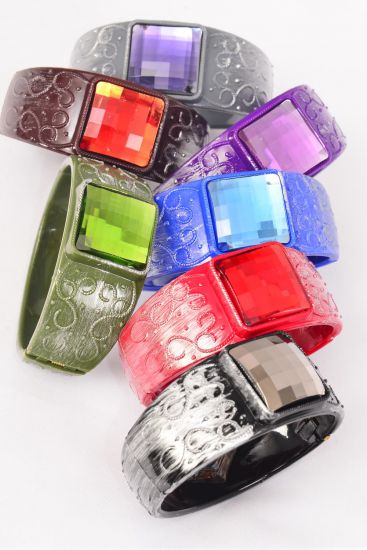 Bracelet Bangles Acrylic Hinge Brush Stroke Multi / 12 pcs = Dozen Hinge , Size- 2.75" x 1.25" Wide , 2 Black , 2 Red , 2 Brown , 2 Gray , 2 Olive , 1 Blue , 1 Purple Color Asst , Hang tag & OPP Bag & UPC Code
