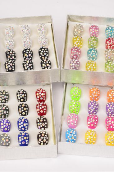Rings Acrylic Dome Rhinestones / 12 pcs = Dozen Size - 7  8  9 Pr Size Mix , Choose Colors , Ring Display Box & OPP Bag & UPC Code