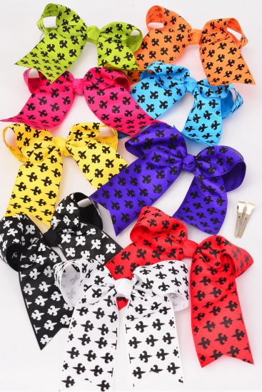Hair Bow Large Long Tail Fleur Delis Grosgrain Bow-tie Multi / 12 pcs Bow = Dozen Alligator Clip , Size - 6.5 x 6" , 2 Bk , 2 White , 2 Fuchsia , 1 Yellow , 1 Rd , 1 Blue , 1 Purple , 1 Lime , 1 Orange Mix , Clip Strip & UPC Code