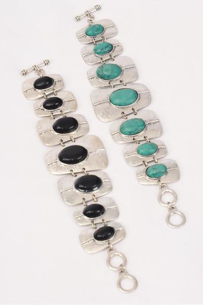 Bracelet Real Semiprecious Stones Black Green Mix / 12 pcs = Dozen  Adjustable Length , Extension Chain , 6 Black , 6 Green Color Asst , Hang Tag & OPP Bag & UPC Code 