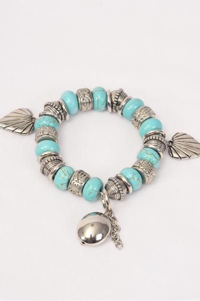 Bracelet Antique Heart Charm Aztec Real Semiprecious Stones / 12 Pcs Dozen Stretch , Hang Tag & OPP Bag & UPC Code , Choose Colors