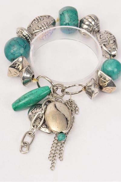 Bracelet Antique Heart Charm Aztec Real Semiprecious Stones / 12 Pcs Dozen Stretch , Display Card & OPP Bag & UPC Code