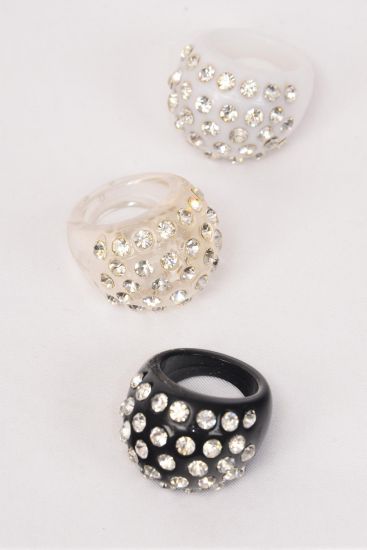 Rings Acrylic Dome Rhinestones Black White Clear Mix / 12 pcs = Dozen Size - 7  8  9 Size Mix , 4 of each Color Asst , Velvet Ring Display Box & OPP Bag & UPC Code