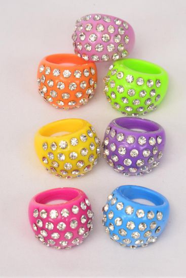 Rings Acrylic Dome Rhinestones Citrus / 12 pcs = Dozen  Citrus , Size - 7  8 9 Mix , 2 Fuchsia , 2 Purple , 2 Yellow , 2 Orange , 2 Lime , 1 Blue , 1 Pink Color Asst .