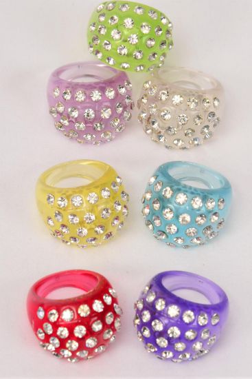Rings Acrylic Dome Shape Rhinestones Pastel / 12 pcs = Dozen Pastel , Size - 7  8  9 Mix , 2 Pink , 2 Yellow , 2 Blue , 2 Clear , 2 Lime , 1 Lavender , 1 Fuchsia Color Mix .