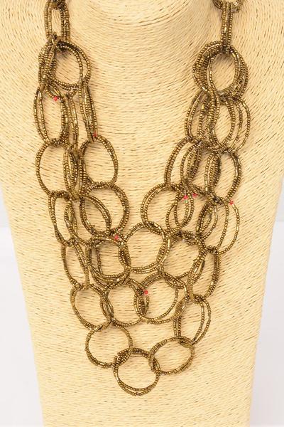 Necklace Layered Handmade Circle Beads Bronze / PC Bronze , Size - 24" Long , Display Card & OPP Bag & UPC Code