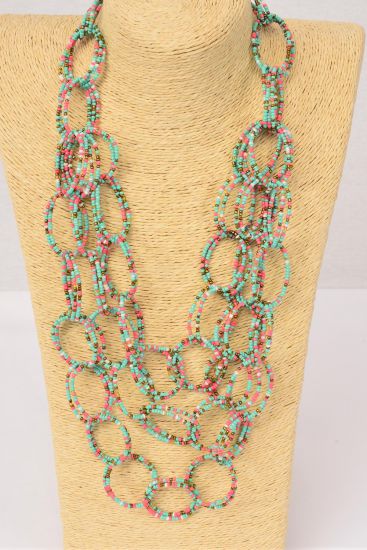 Necklace Layered Handmade Circle Beads Turquoise / PC Turquoise , Size - 24" Long , Display Card & OPP Bag & UPC Code