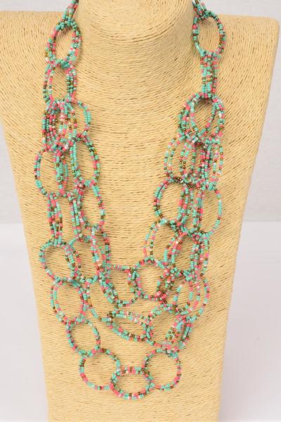 Necklace Layered Handmade Circle Beads Turquoise / PC Turquoise , Size - 24" Long , Display Card & OPP Bag & UPC Code