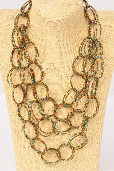 Necklace Layered Handmade Circle Beads Branze Multi / PC Bronze Multi Mix , Size - 24" Long , Hang Card & OPP Bag & UPC Code