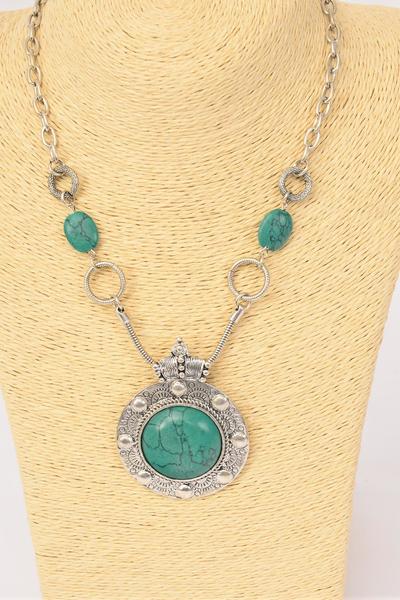 Necklace Fancy Design Real Semiprecious Stone Pendant / PC Green Turquoise , 24" Long Extension Chain , Pendant Size - 2.5"  Wide , Hang Tag & Opp Bag & UPC Code
