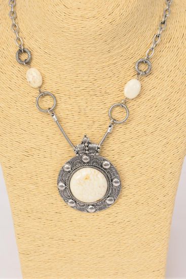 Necklace Fancy Design Real Semiprecious Stone Pendant Ivory / PC Ivory , 24" Long Extension Chain , Pendant Size - 2.5"  Wide , Hang Tag & Opp Bag & UPC Code