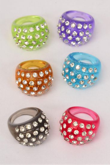 Rings Acrylic Dome Rhinestones Transparent Dark Multi / 12 pcs = Dozen  Transparent Dark Multi , Size - 7  8  9 Mix , 2 of each Color Asst , Velvet Ring Display Box & OPP bag & UPC Code