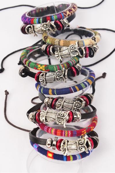 Bracelet Leather Owl Aztec Macrame Wrap Mix Adjustable / 12 pcs = Dozen Unisex , Adjustable , 2 of each Pattern Mix , Hang tag & OPP Bag & UPC Code