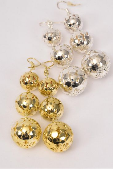 Earrings Metal Filigree Ball Gold Silver Mix / 12 pair = Dozen Fish Hoop , 14 mm 12 mm 10 mm Graduated , 6 Gold & 6 Silver Mix , Earring Card & OPP bag & UPC Code-