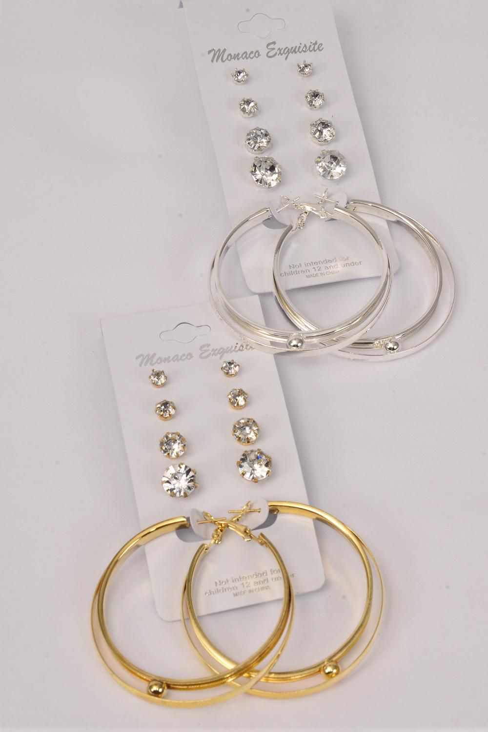 Earrings 5 Pair Metal Loops & Large Acrylic Clear Studs / 60 pair