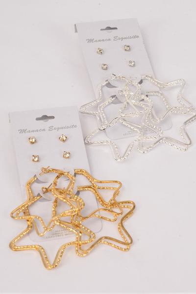 Earrings 4 Pair Metal Star & Clear Rhinestone Studs / 48 pair = Dozen Post , Star Size-1.75" Wide , 6 Gold & 6 Silver Mix , Earring Card & OPP Bag & UPC Code , 4 pair per card , 12 card = Dozen