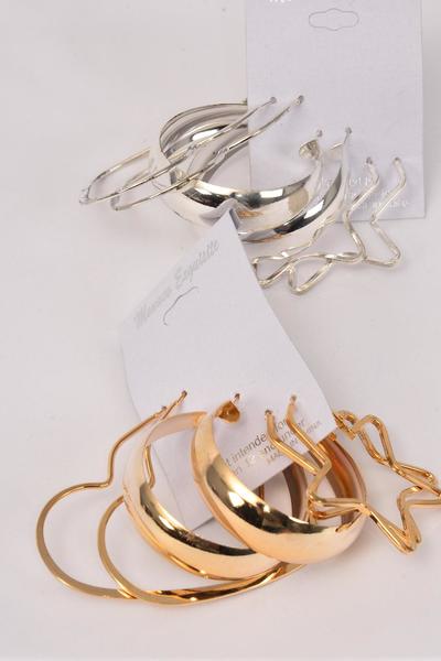 Earrings 3 pair Metal Hoop Star Heart Design Mix Gold / 36 pair = Dozen Post , Size - Hoop - 2" , Heart - 2.5" x 2" , Star - 2" Wide , 6 Gold , 6 Silver Mix , Earring Card & Opp Bag & UPC Code