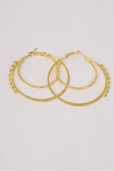 Earrings Gold Double Circle w Clear Rhinestone Post / 12 pair = Dozen Post , Gold , Size - 2.25" Wide , Earring Card & OPP bag & UPC Code