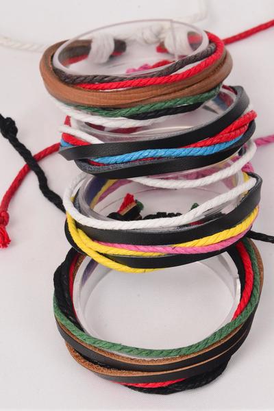 Bracelet Real Leather & Cotton Twist Aztec 7 Layered Multi / 12 pcs = Dozen  Unisex , Adjustable , 3 of each Pattern Asst , Hang Tag & OPP bag & UPC Code