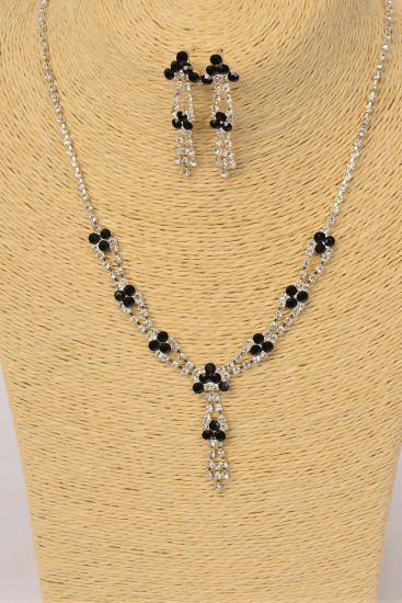 Necklace Sets Rhinestone Flowers / 12 Sets = Dozen Post , Size -18" Extension Chain , Black Velvet Display Card & OPP Bag & UPC Code , Choose Colors