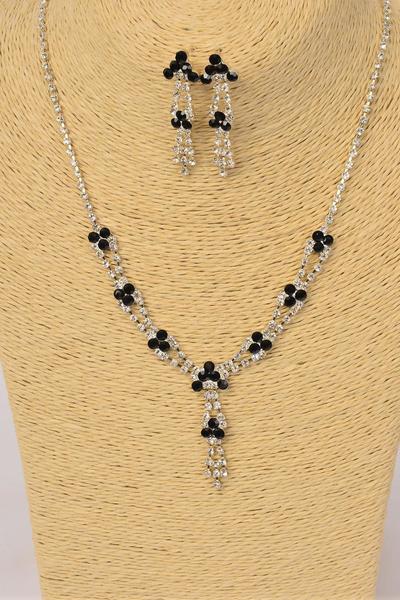Necklace Sets Rhinestone Flowers / 12 Sets = Dozen Post , Size -18" Extension Chain , Black Velvet Display Card & OPP Bag & UPC Code , Choose Colors