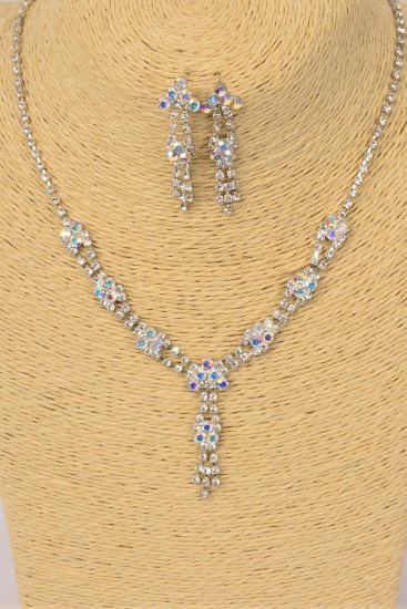 Necklace Sets Rhinestone Flower Iridescent Iridescent Clear AB / Sets Post , Clear AB , Size -18" Extension Chain , Black Velvet Display Card & OPP Bag & UPC Code